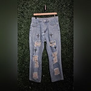 SHEIN Blue Distressed Jeans with Star Details